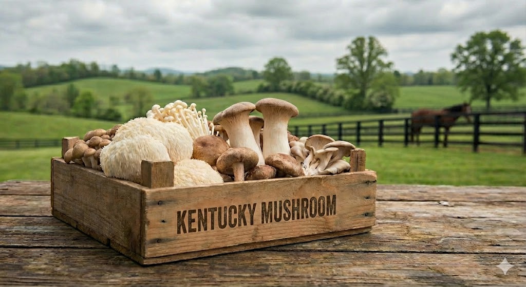 Kentucky Mushroom - Fresh gourmet mushrooms in a wooden crate against Kentucky countryside